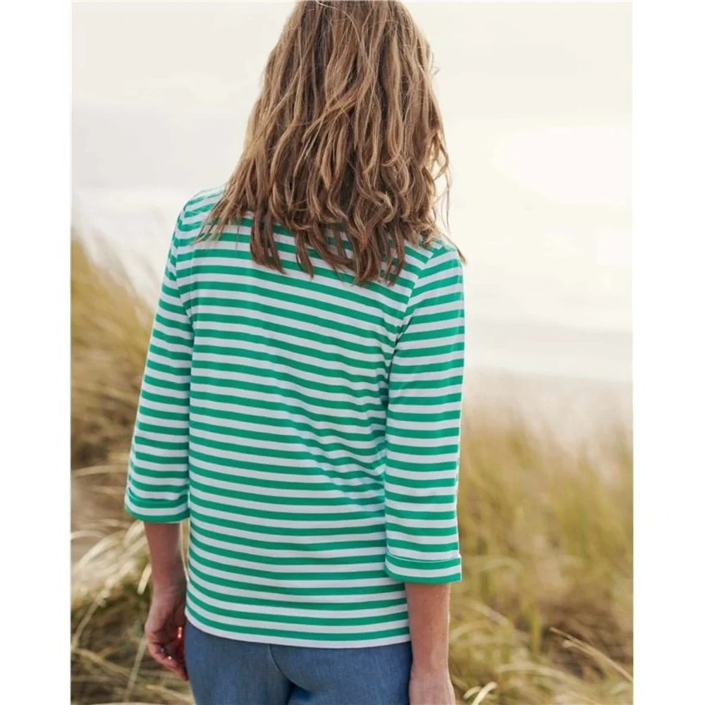 WoolOvers‎ Lace Insert 3/4 Sleeve Tee Shirt Jade White Stripe Size Small Cotton